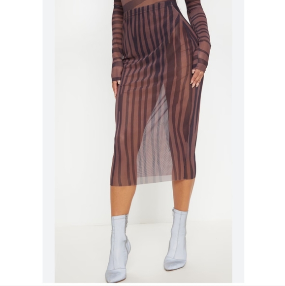 PRETTY LITTLE THING SHEER MESH BROWN PRINTED MIDAXI & BODYSUIT SIZE 0 c - Picture 3 of 10